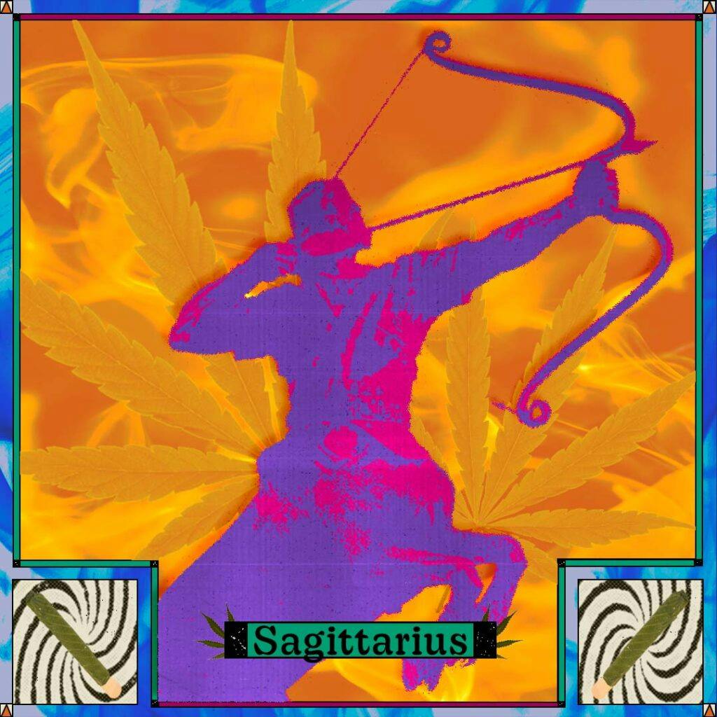 An archer pulls a bow in front of a fiery orange weed background with palm blunts and the word "Sagittarius"